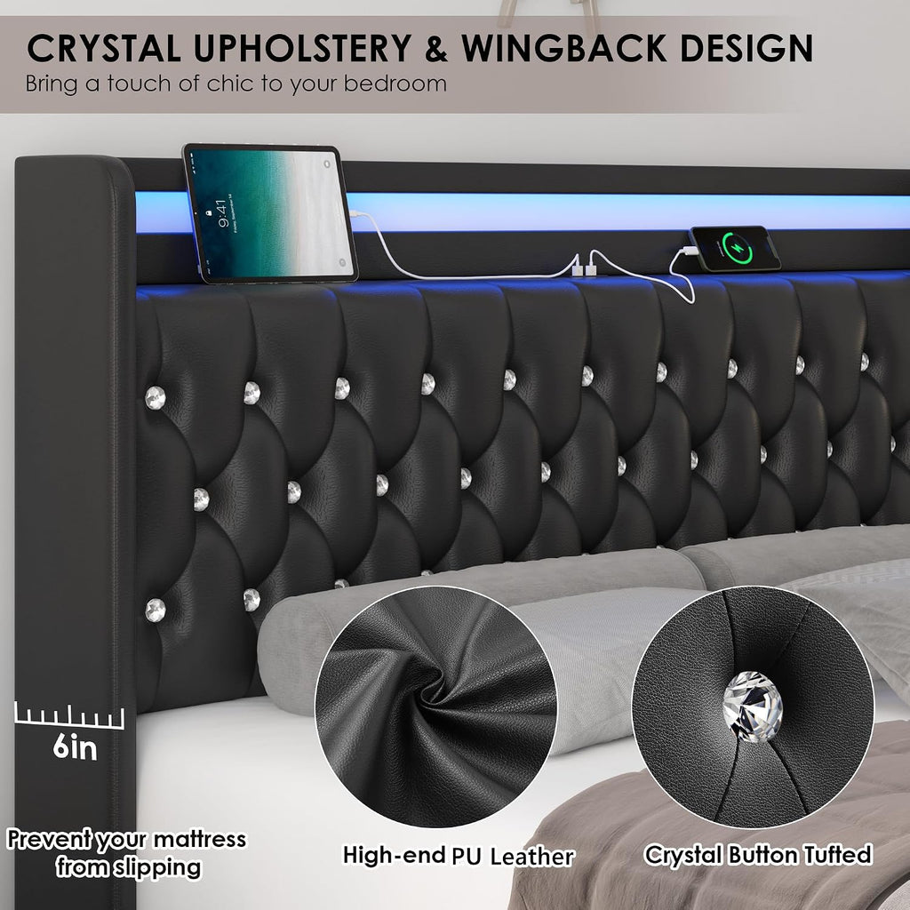 HIFIT Queen LED Bed Frame with Charging Station and 4 Storage Drawers, PU Upholstered Platform Bed with Handcrafted Crystal Button Wingback Headboard, Metal Frame with No Box Spring Needed, Black