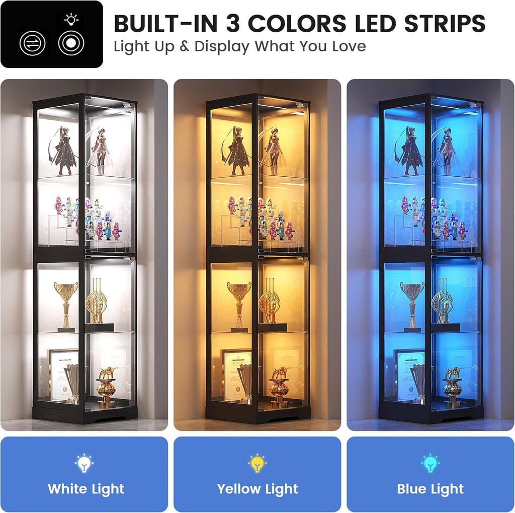 Glass Display Cabinet with Doors, 65' Tall 4-Tier Curio Display Case with 3 Color Lights and Human Body Sensor, Bookcase for Collectibles, Black