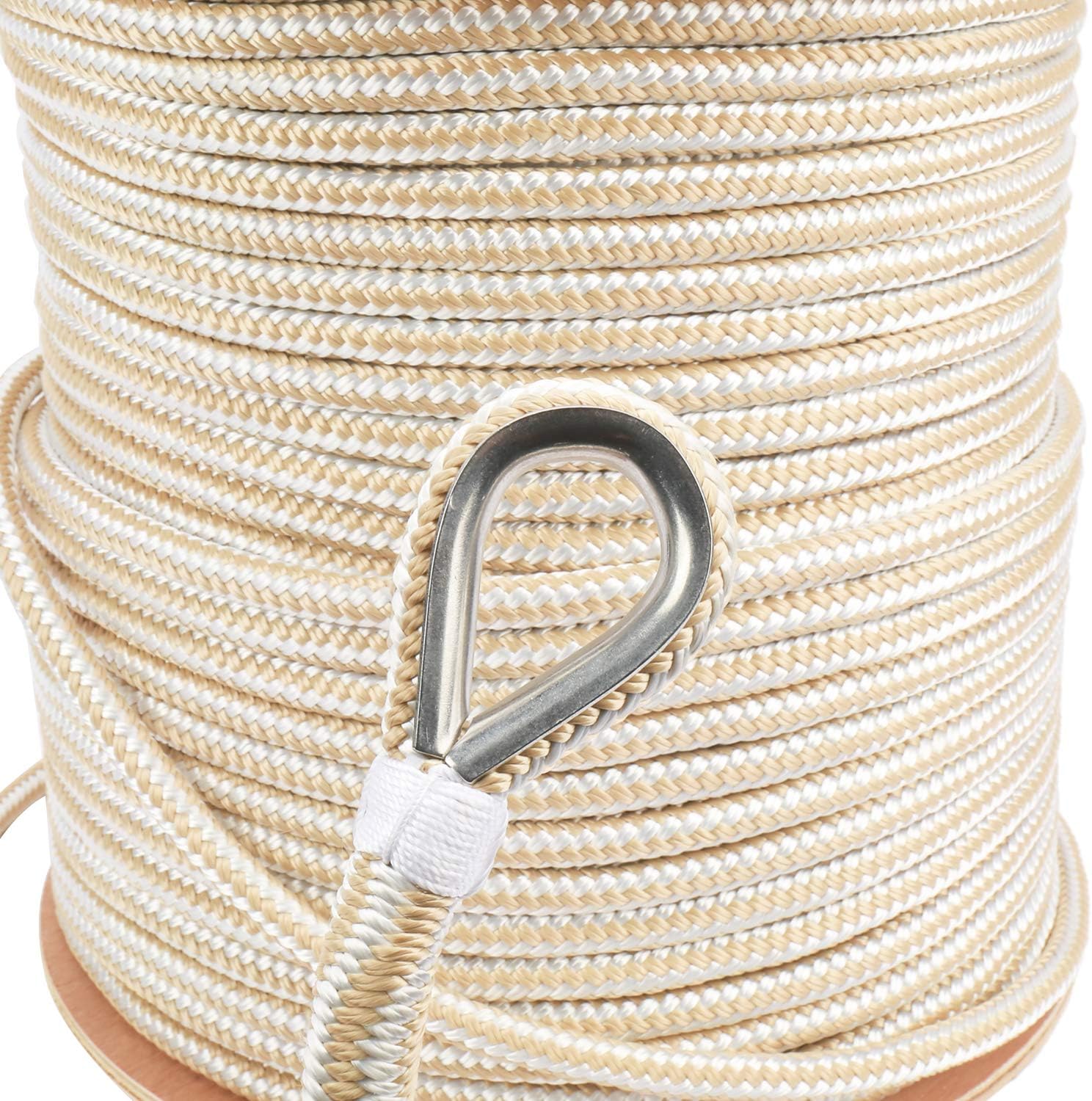 NovelBee 1/2 Inch X 600 Feet Double Braid Nylon Anchor Line with Stainless Steel Thimble and Wood Chuck (White/Gold)