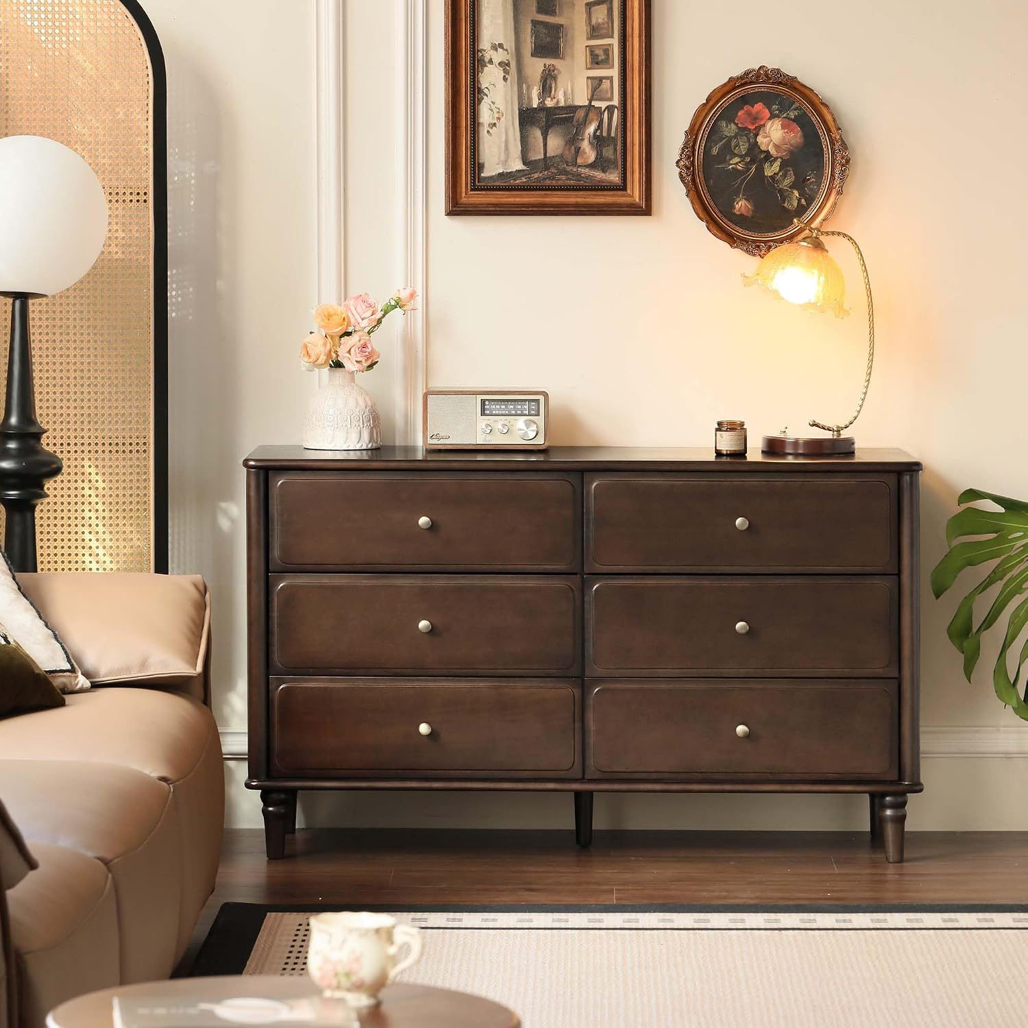 YESWOOD Large Vanity Desk with 6 Storage Dresser, Poplar Wood Adjustale Makeup Table for Girls, Vanity Set for Bedroom, Living Room, 97' D x 16' W x 31' H（no Chair no Mirror）