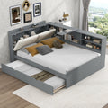 Full Size Corner Bed Frame with Trundle,Solid Wood Platform Bed with Upholstered Headboard, Rotatable Board and Bookcase, Storage Corner Beds Full for Kids Girls Boys(Gray)