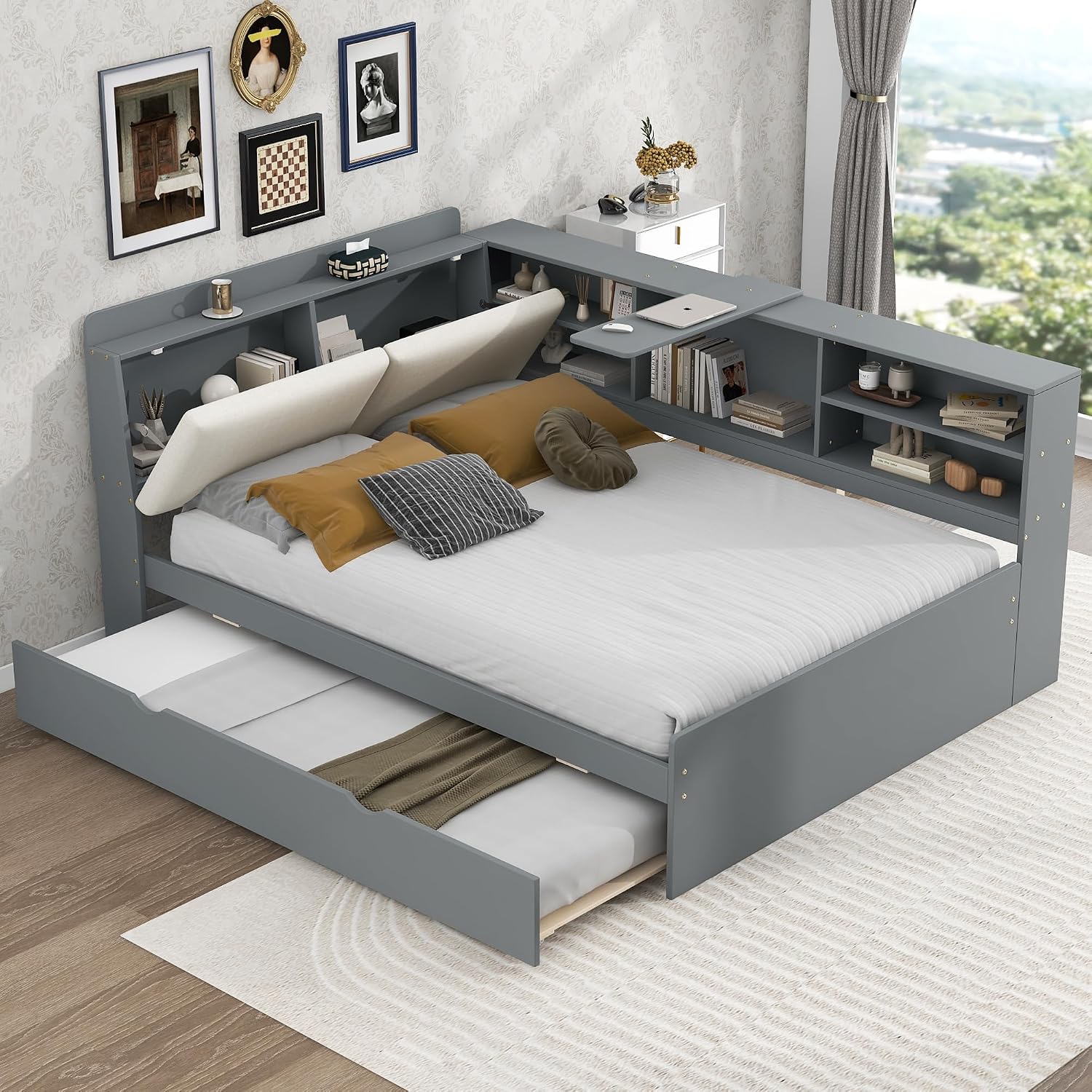 Full Size Corner Bed Frame with Trundle,Solid Wood Platform Bed with Upholstered Headboard, Rotatable Board and Bookcase, Storage Corner Beds Full for Kids Girls Boys(Gray)