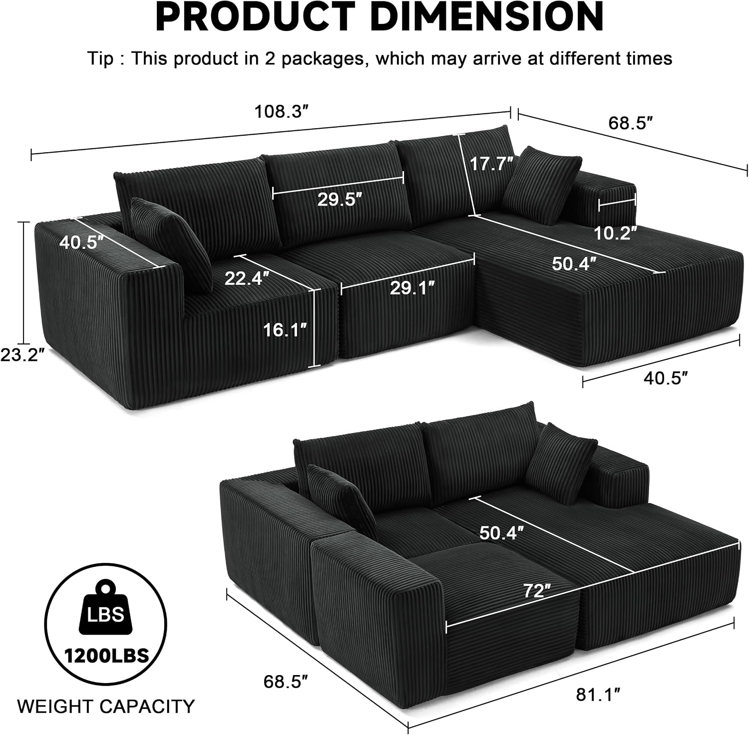 HUATEAN 108' Modular Sectional Sofa, Cloud Sectional Couch with Deep Seat, Modern Modular L-Shape Sofa Couch with Chaise,Upholstered Couches for Living Room Bedroom (Corduroy,Black)