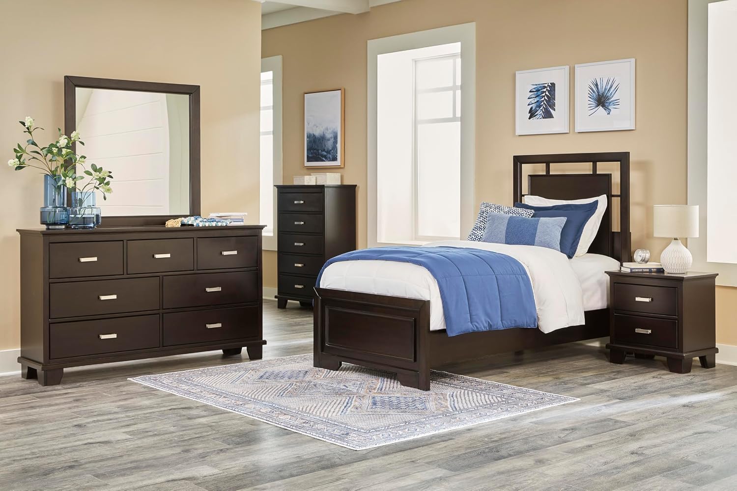 Signature Design by Ashley Covetown Contemporary 7-Drawer Dresser and Mirror with Safety Stop, Dark Brown