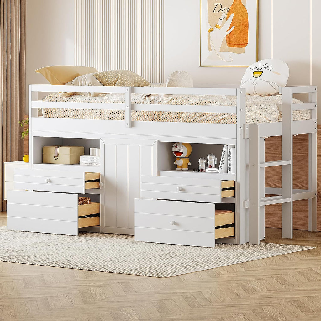 JIVOIT Twin Size Loft Bed with 4 Drawers, Underneath Cabinet and Shelves, Muti-Functional Loft Bed with Full-Length Guardrails and Ladder, Space-Saving Low Loft Bed for Kids Teens (White & 4 Drawers)