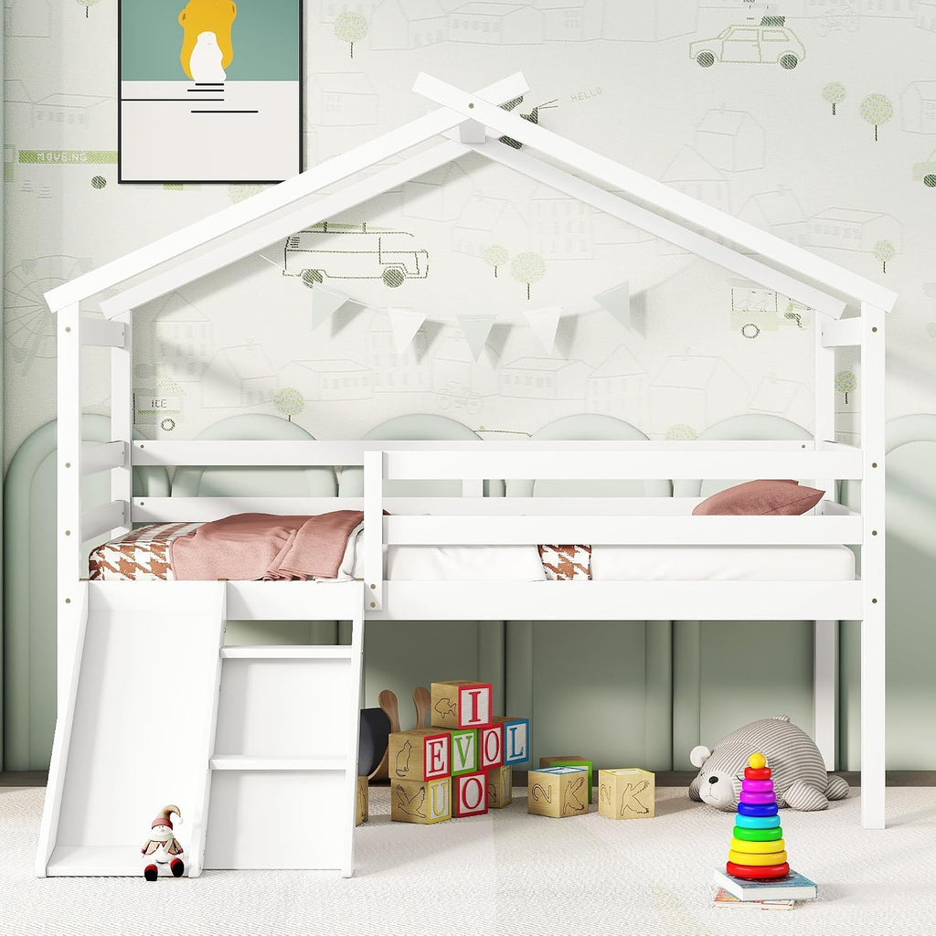 JIVOIT Twin Size Low Loft Bed with Slide and Ladder, House Loft Bed with Safety Guardrails, Capacious Space Under Bed, House Roof Frame for Kids Teens Girls Boys (White * 098)