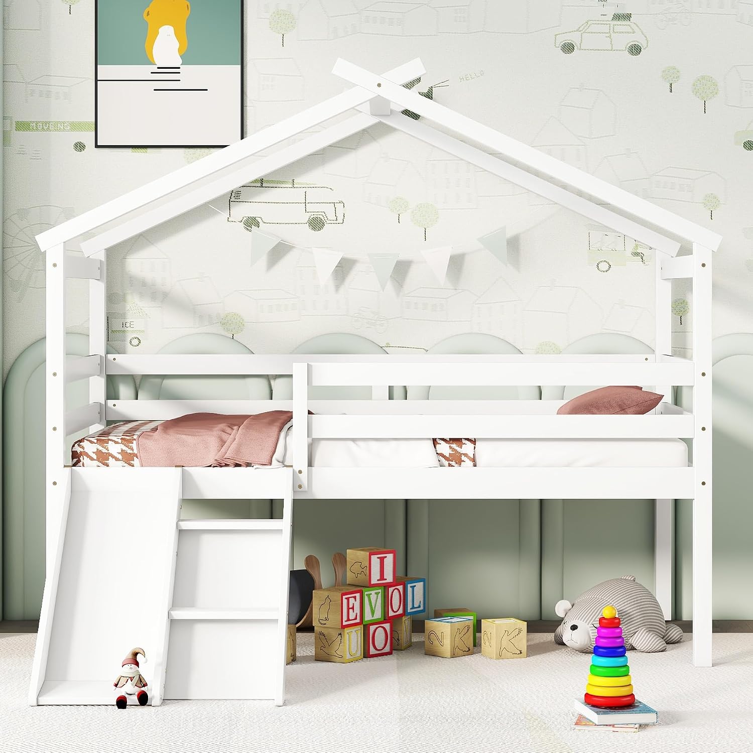 JIVOIT Twin Size Low Loft Bed with Slide and Ladder, House Loft Bed with Safety Guardrails, Capacious Space Under Bed, House Roof Frame for Kids Teens Girls Boys (White * 098)