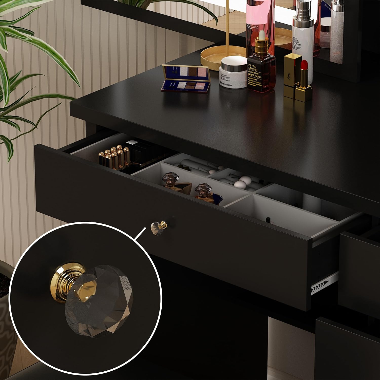 Vanity Desk Set with Sliding Lighted Mirror, Makeup Vanity with Drawer & Shelf, Dressing Table with Cushion Stool & Hidden Storage for Bedroom, Black