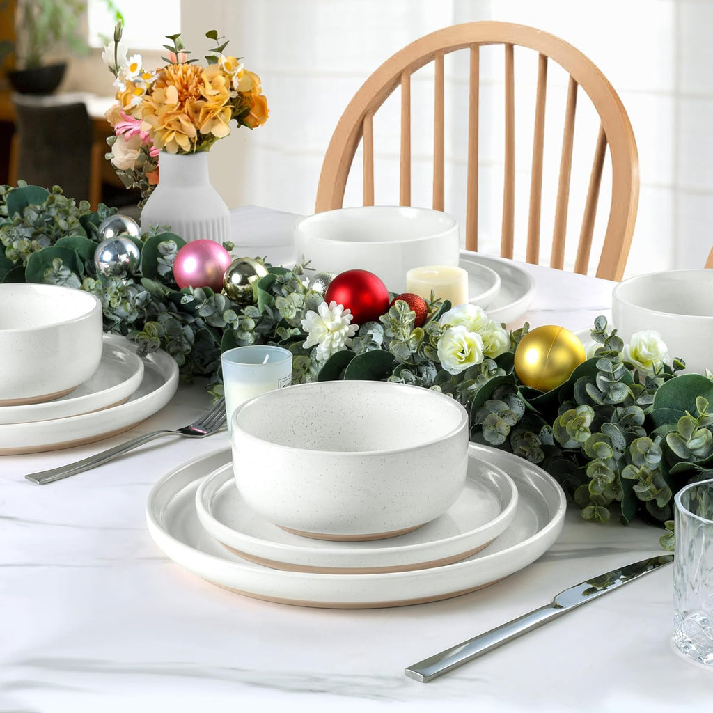 LIANYU 24 Piece Dinnerware Sets for 8, Stoneware Dinner Dishes for Kitchen Dining, Elegant Plates and Bowls Sets, Safe & Healthy Clay, Oven & Dishwasher Safe, Snowy White