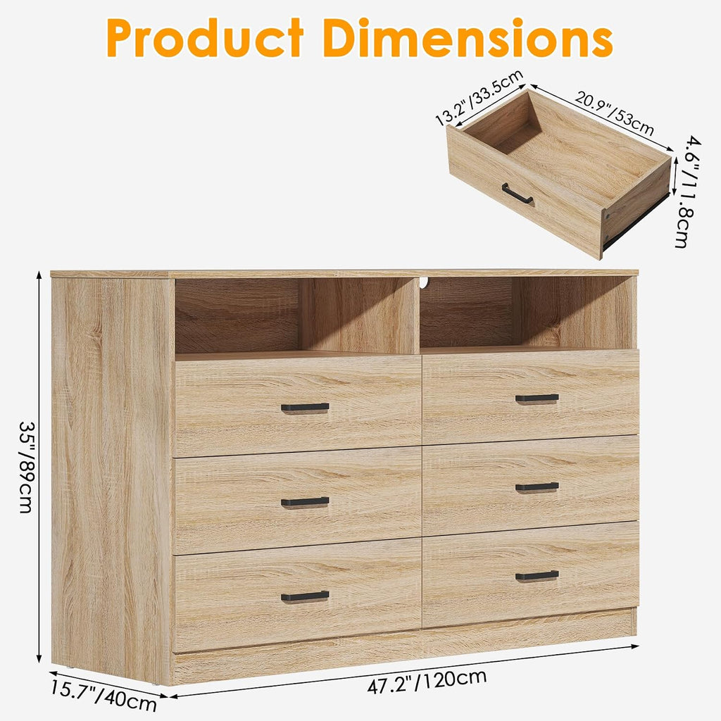Bigbiglife 6 Drawers Dresser for Bedroom Wooden Drawer with Open Storage Cubby, Double Wide Dresser Organizer for Bedroom, Living Room, Entryway, Hallway (Light Oak)