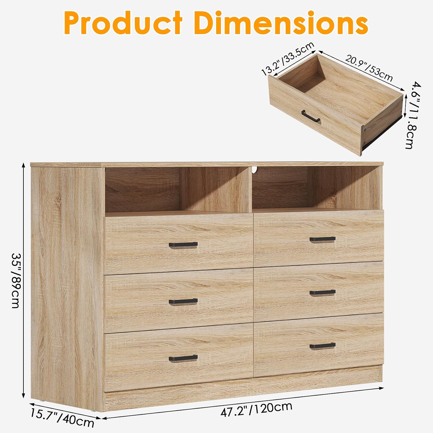 Bigbiglife 6 Drawers Dresser for Bedroom Wooden Drawer with Open Storage Cubby, Double Wide Dresser Organizer for Bedroom, Living Room, Entryway, Hallway (Light Oak)