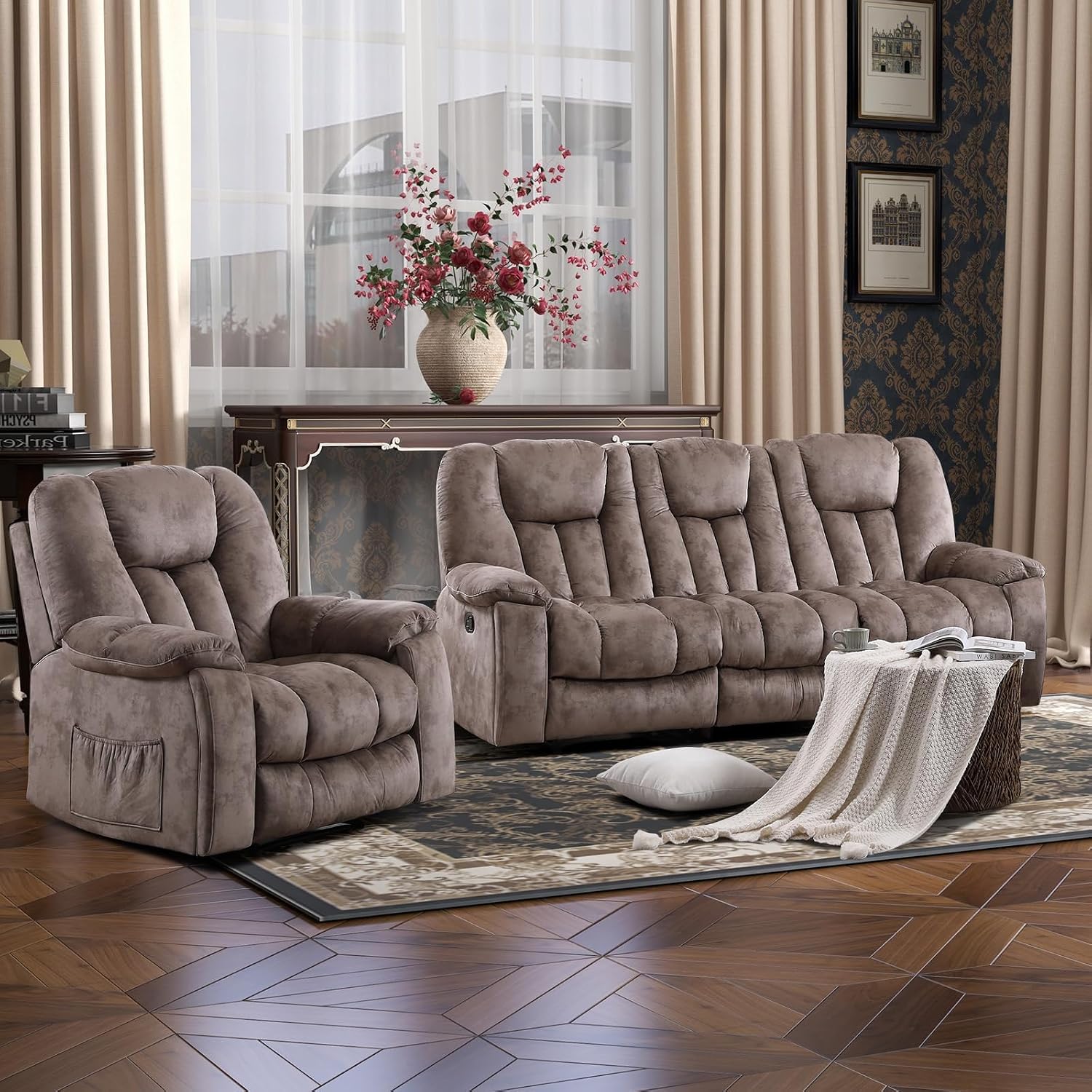 EBELLO Reclining Living Room Set, Soft Fabric Manual Recliner Sofa Furniture Set, Includes 2 Recliner Chairs with Massage and Heat and 3 Seat Sofa, Light Brown