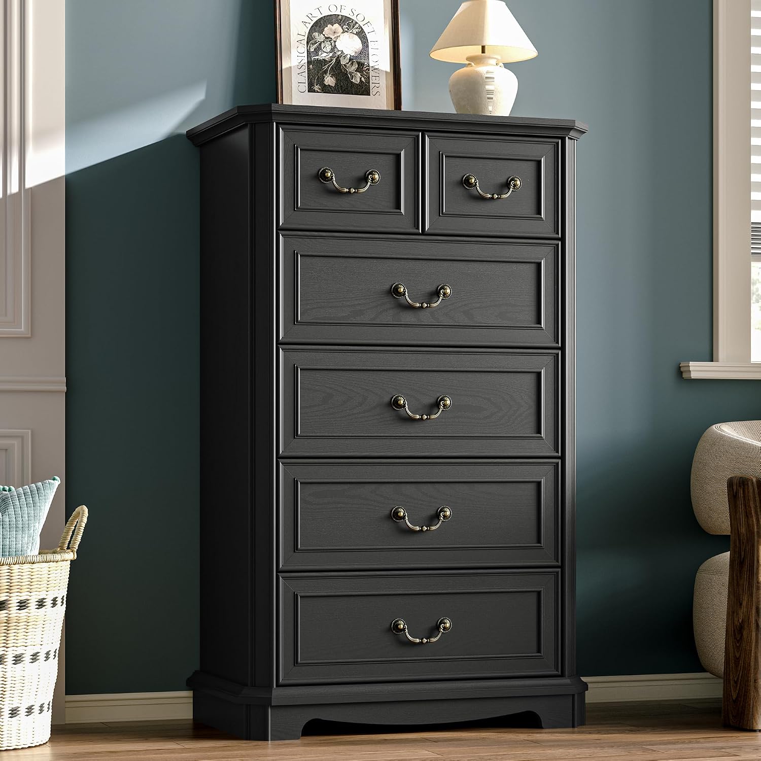 Farmhouse 6 Drawer Dresser for Bedroom, Tall Rustic Chest of Drawers with Metal Handle, Wood Vintage Storage Tower Cabinet, Wooden Closet Storage Dressers Organizer for Living Room, Hallway, Black