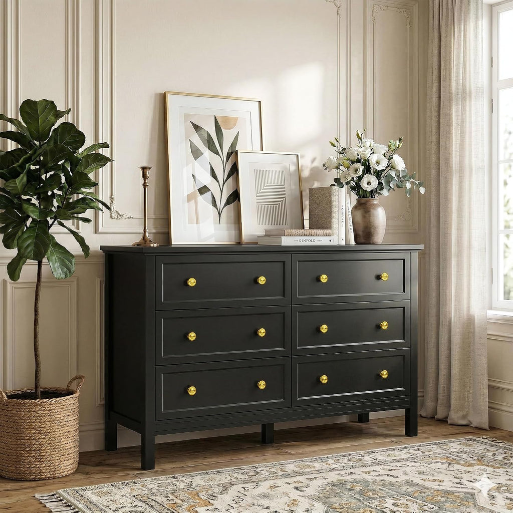 LYNSOM Black Dresser for Bedroom, 6 Drawer Dresser with Wide Drawer and Metal Handles, Wood Dressers & Chests of Drawers for Hallway, Entryway