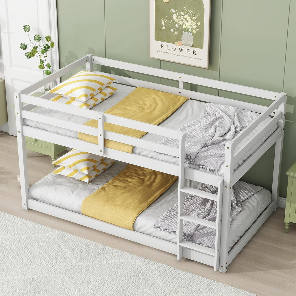 Ball & Cast Solid Rubber Wooden Twin Over Twin Bunk Bed with Ladder and Full Length Guardrail,Low Bunkbed w/Slat Support,Bedroom Furniture for Girls Boys,White