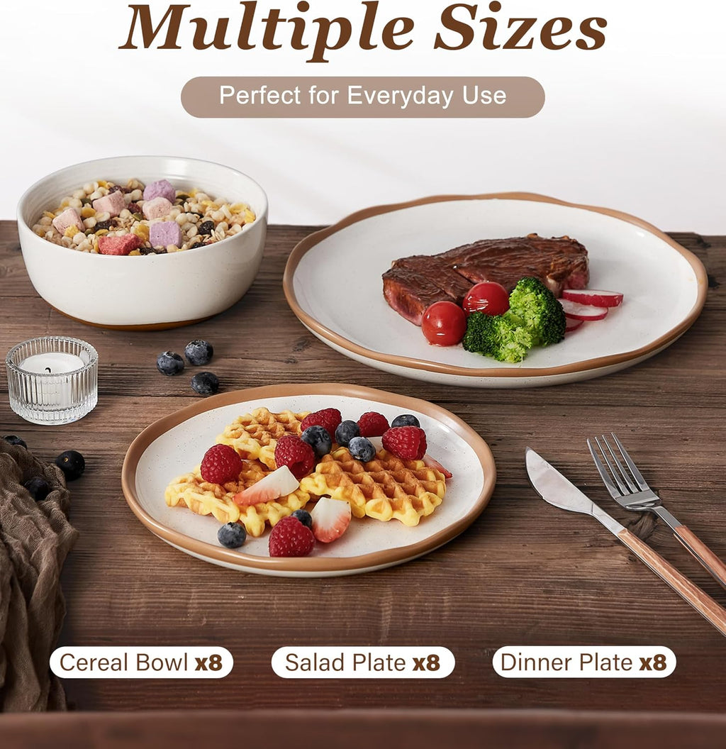 24 Piece Dinnerware Sets for 8 - Farmhouse Ceramic Plates and Bowls Sets - Scratch Resistant Stoneware Dishes Set, Dishwasher & Microwave Safe, Stack Compactly Dishware - Vintage White