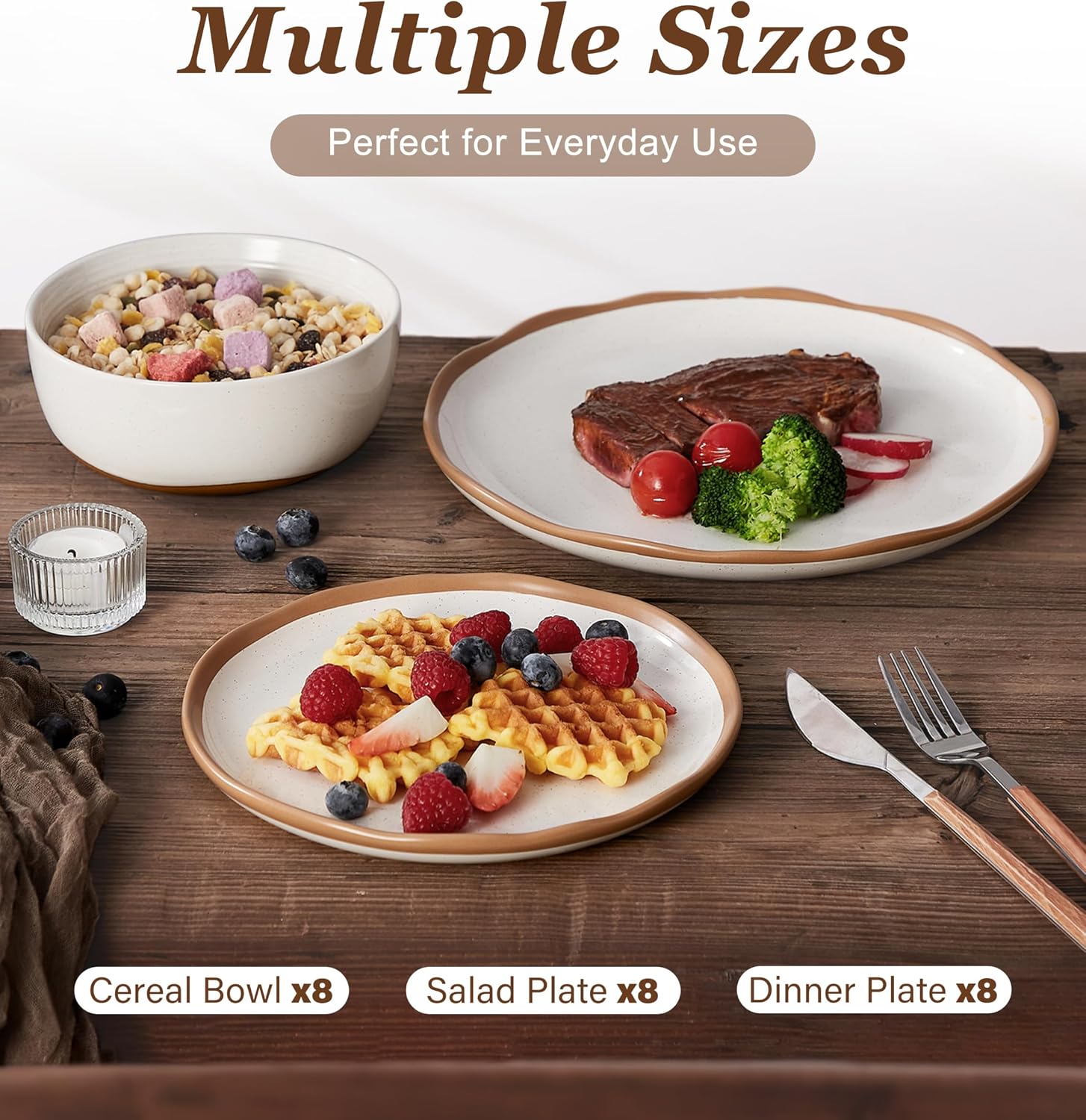 24 Piece Dinnerware Sets for 8 - Farmhouse Ceramic Plates and Bowls Sets - Scratch Resistant Stoneware Dishes Set, Dishwasher & Microwave Safe, Stack Compactly Dishware - Vintage White