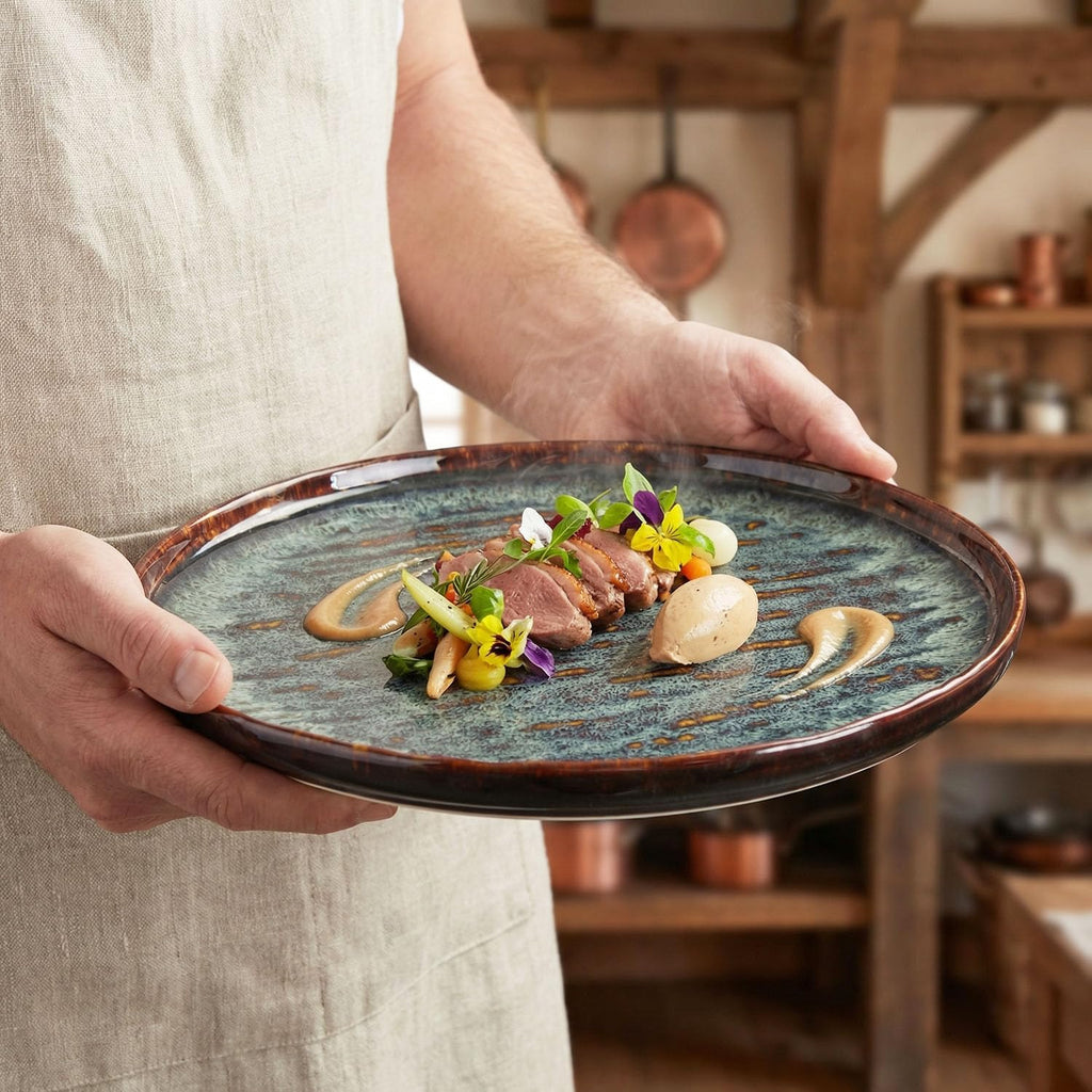 This 12-piece round active glaze porcelain tableware set includes plates, bowls, and soup plates, serving up to 4 people. It is microwave and dishwasher safe. (Set (No.4))