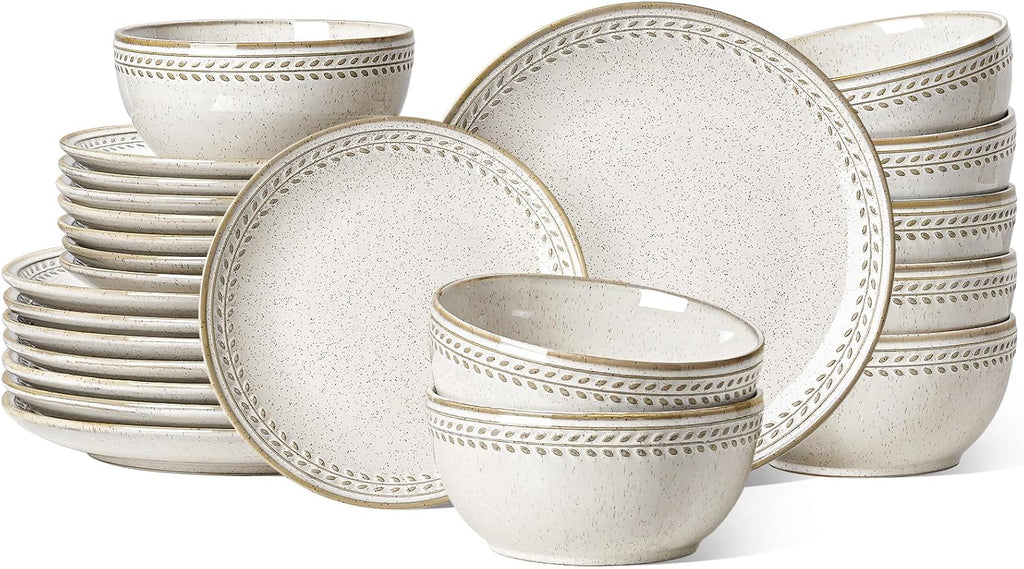 LE TAUCI 24 Piece Dinnerware Sets for 8, Large Plates and Bowls Sets, Ceramic Dishes Set for 8, Modern Stoneware Tableware, Chip Resistant, Ideal for Hosting, Reactive Beige (8'&10' Plate, 27oz Bowl)