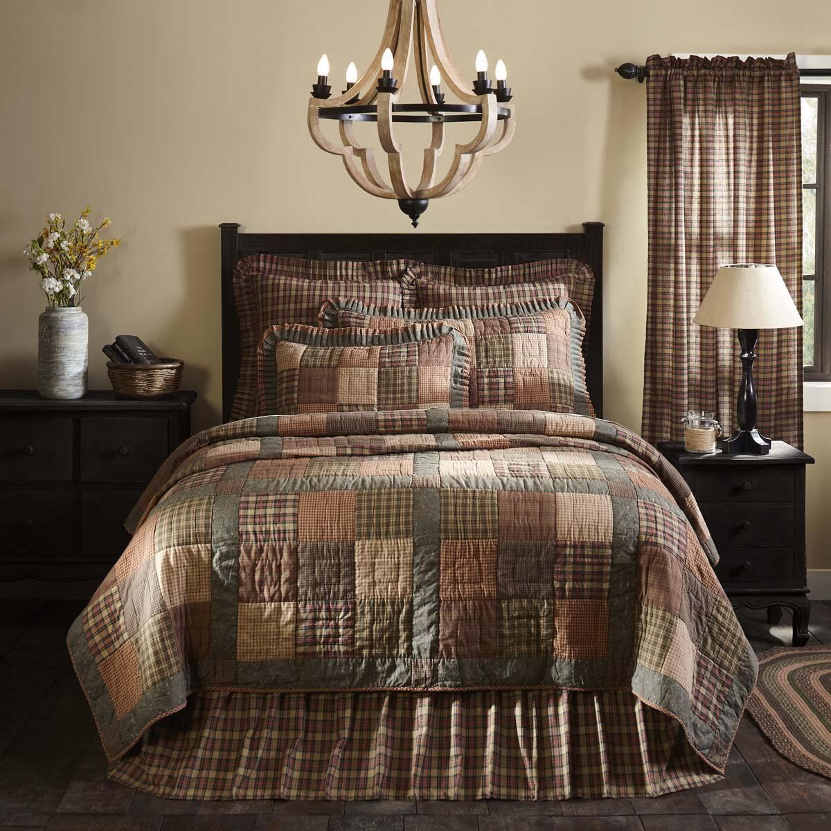 VHC Brands Crosswoods Patchwork Cotton Primitive Bedding Pre-Washed Square Queen Quilt, Dark Olive Green