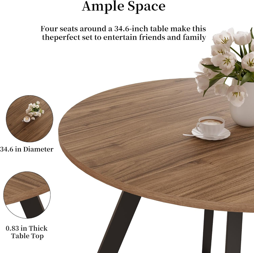 HIPIHOM 34.6 Inch Walnut Round Dining Table for 4, Space-Saving Dinette Perfect for Kitchen Dining Living Room(Walnut Table)