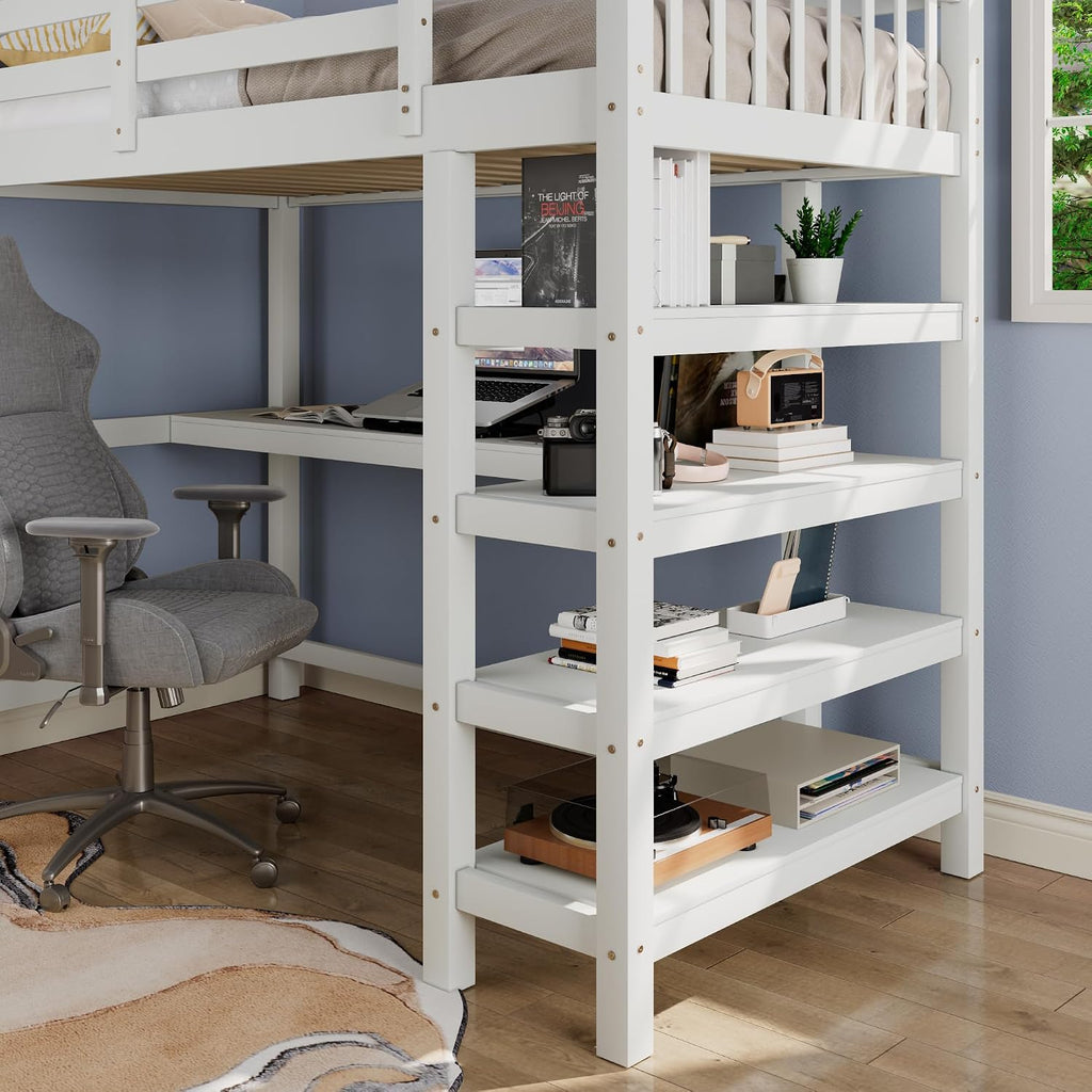 Merax Wood Loft Bed,Loft Bed with Desk and Shelves with 4-Storage Shelves and Under-Bed Desk,Solid Wood Bed, Full Size,White