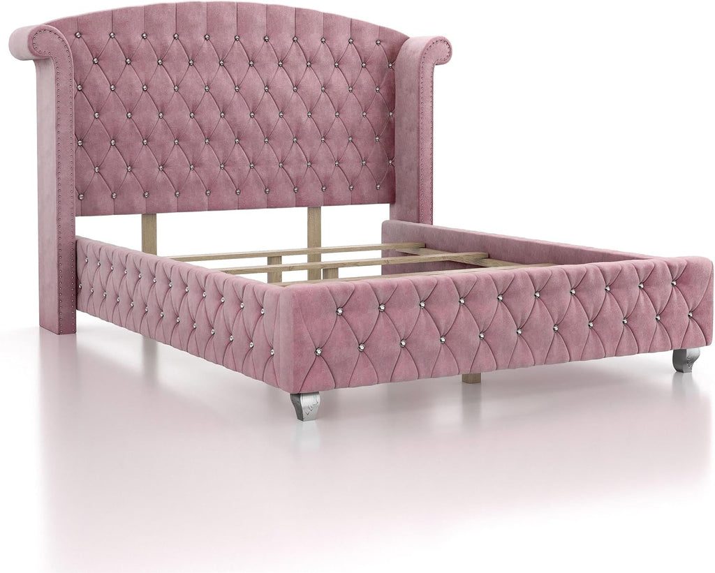 Furniture of America FOA Gijit 3-Piece Pink Fabric Wingback Bedroom Set - Full + 2 Nightstands
