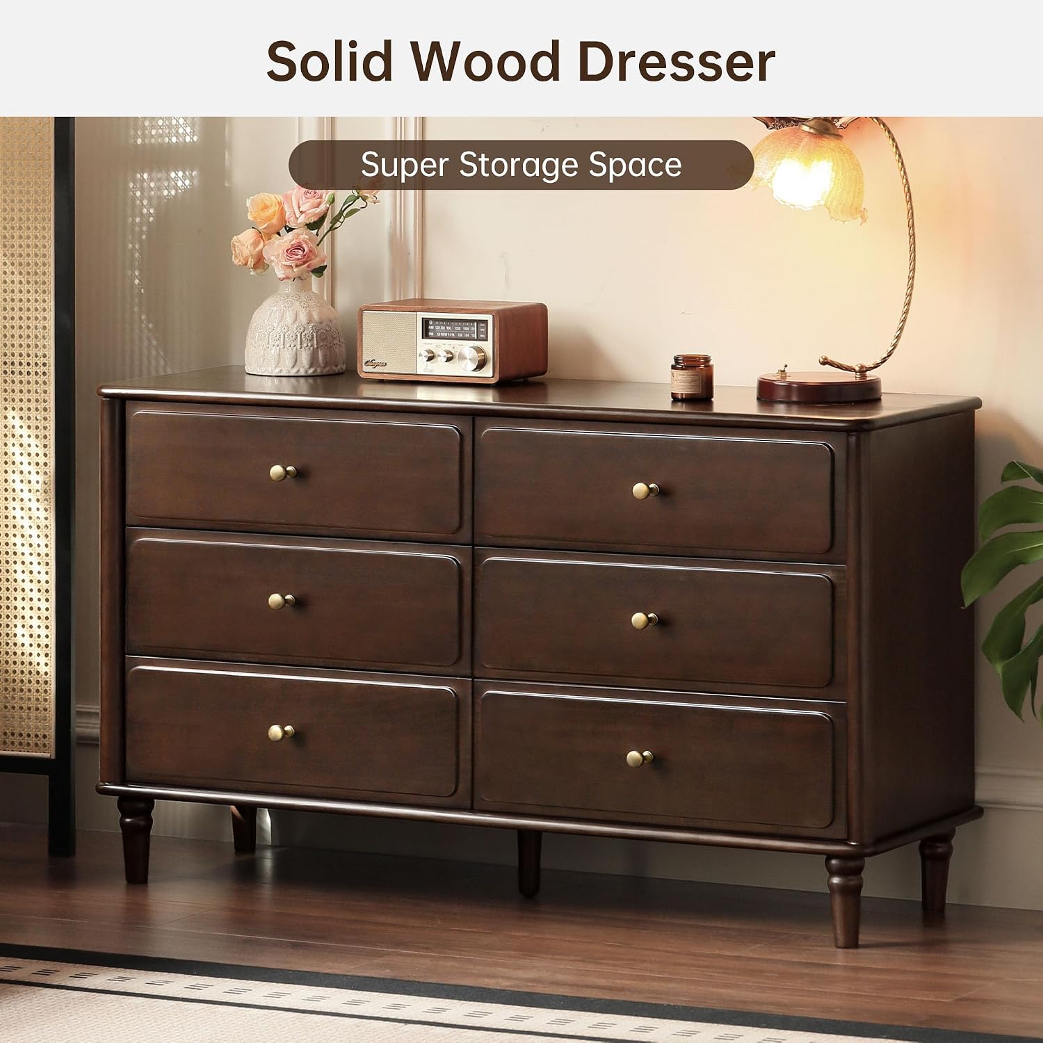 YESWOOD Large Vanity Desk with 6 Storage Dresser, Poplar Wood Adjustale Makeup Table for Girls, Vanity Set for Bedroom, Living Room, 97' D x 16' W x 31' H（no Chair no Mirror）