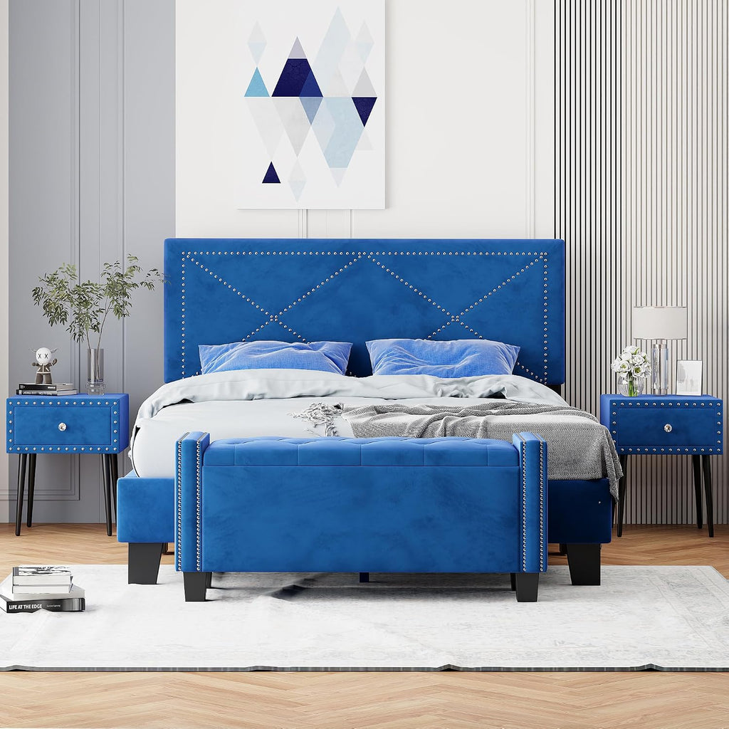 Full of Luxury 4-Pieces Bedroom Sets Queen Size Upholstered Bed Frame with Rivet Design,2 Nightstands and A Tufted Storage Ottoman for Girls,Boys,Kids,Teens, Adults (Blue-@A)