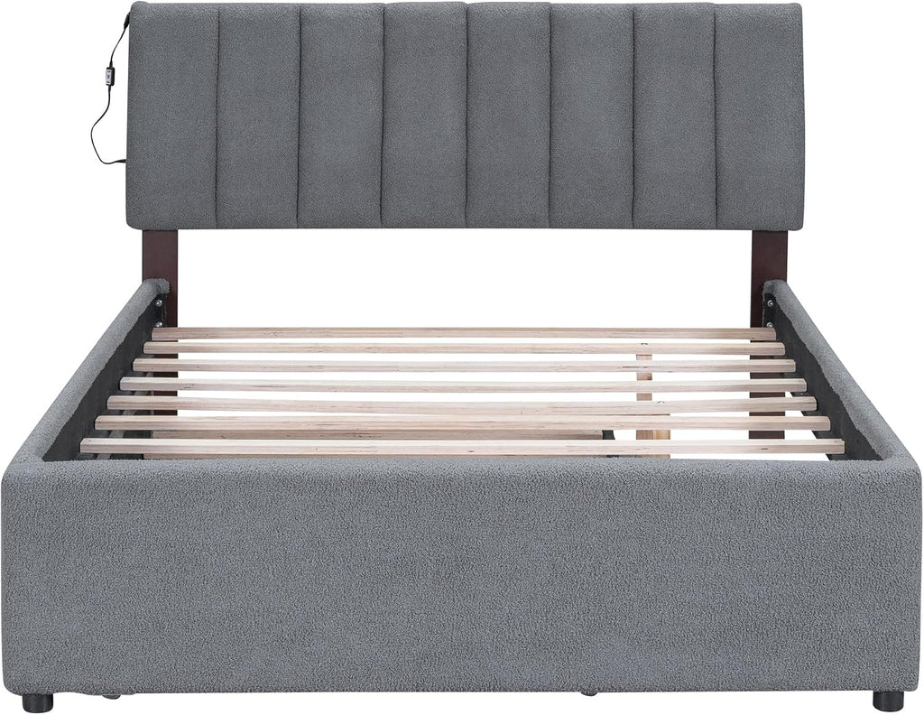 Teddy Fleece Full Size Upholstered Platform Bed Frame for Boys Girls Kids Adults Toddler with Trundle, Gray
