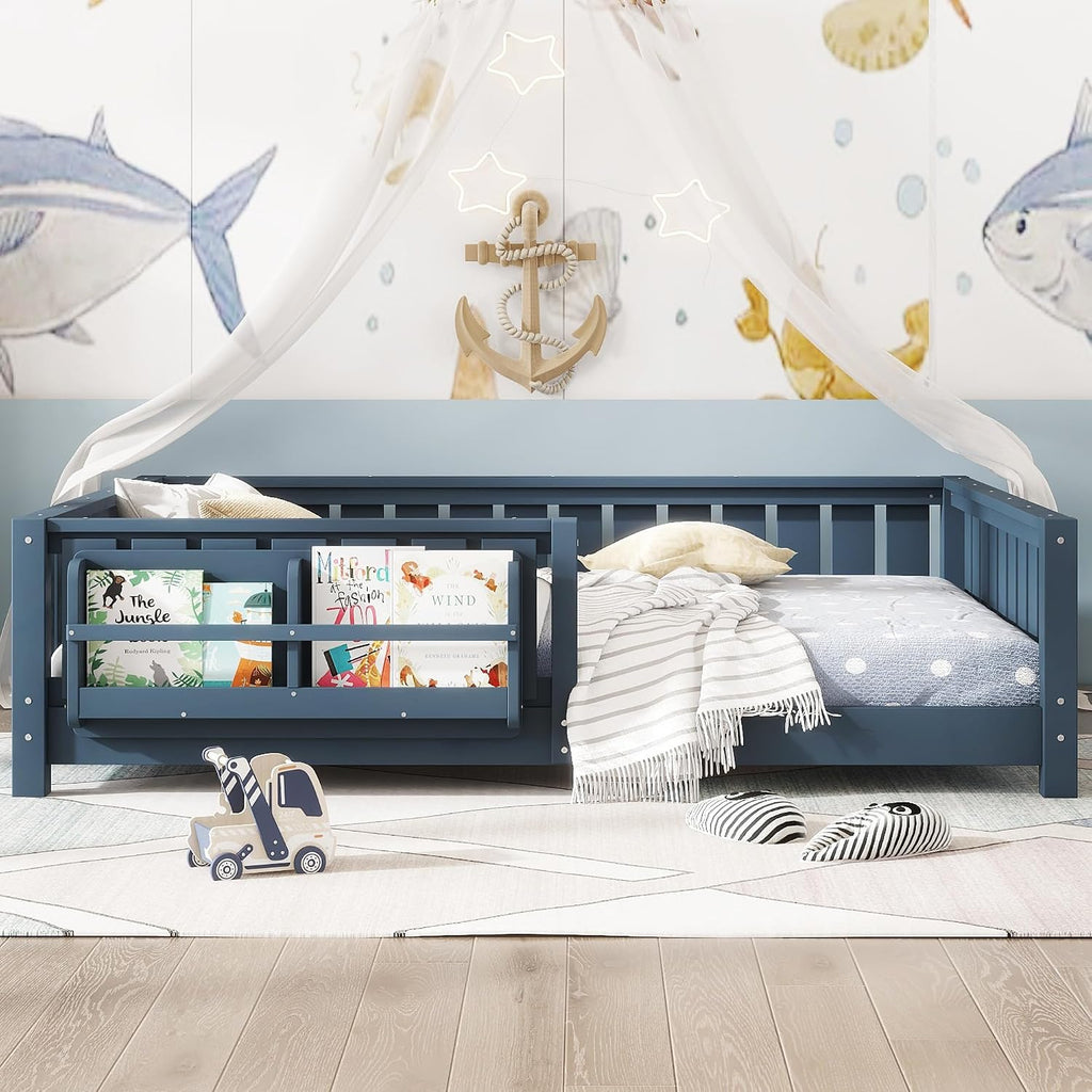 Bellemave Full Size Montessori Floor Bed with Slats and Fence, Full Size Montessori Bed with Rails and Bookcase, Easy Assemble Floor Beds Frame,Blue