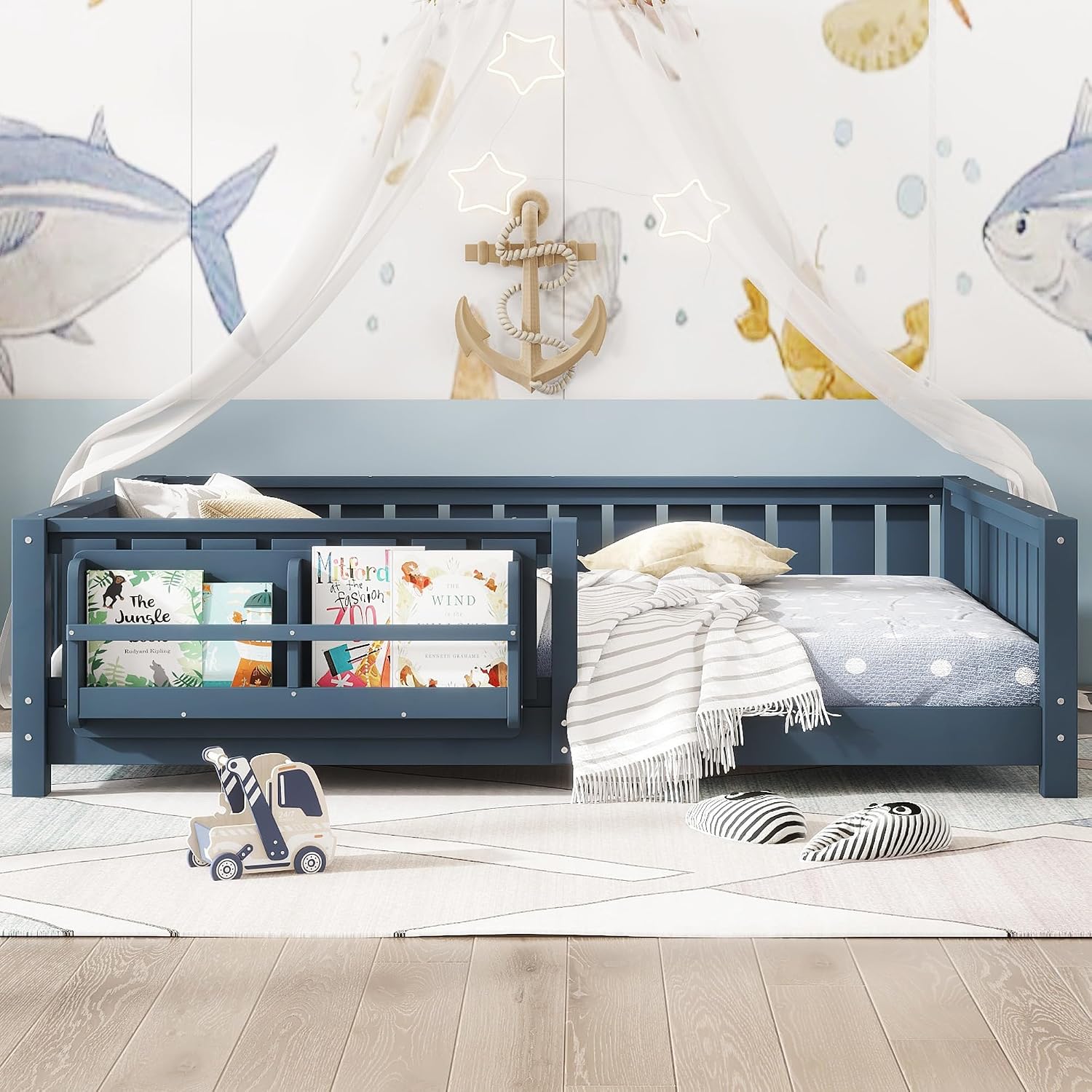 Bellemave Full Size Montessori Floor Bed with Slats and Fence, Full Size Montessori Bed with Rails and Bookcase, Easy Assemble Floor Beds Frame,Blue