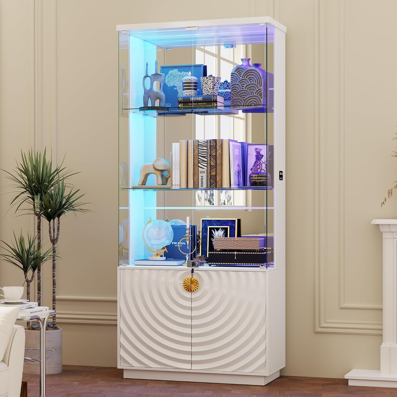 71'' Display Cabinet with Glass Doors,4-Tier Curio Cabinet with 3-Color Lights for Collectibles,Lockable Glass Display Case Human Body Sensor,Tall Bookcase w/Shelves&Door Panel,White