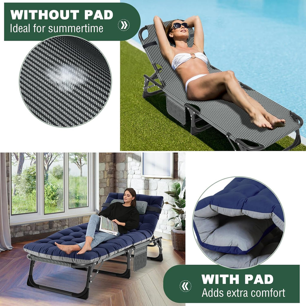 LILYPELLE Folding Outside Chaise Lounge Chair with Mattress, 5 Position Adjustable Patio Folding Lounge Chair Reclining Chairs Perfect for Sunbathing, Camping, Pool, Beach, Patio