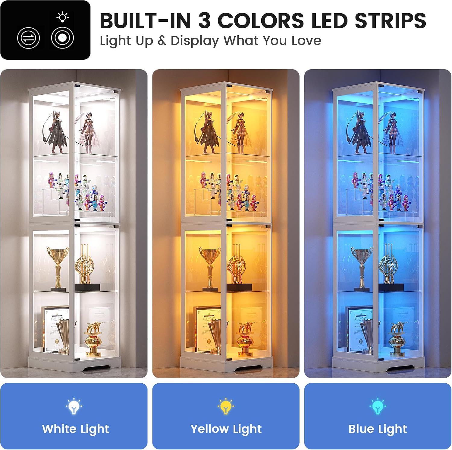 Glass Display Cabinet with Doors, 65' Tall 4-Tier Curio Display Case with 3 Color Lights and Human Body Sensor, Bookcase for Collectibles, White