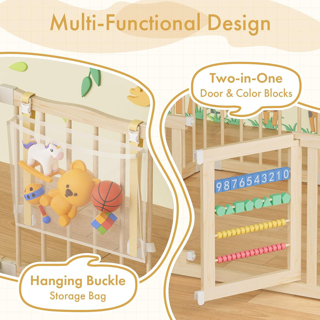 Wooden Baby Playpen 50 × 50 Inches, Foldable Playpen Fence with Cute Digital Blocks & Storage Bag, Wooden Baby Gate, Multi-Shape Play Yard for Babies and Toddlers Indoor Outdoor
