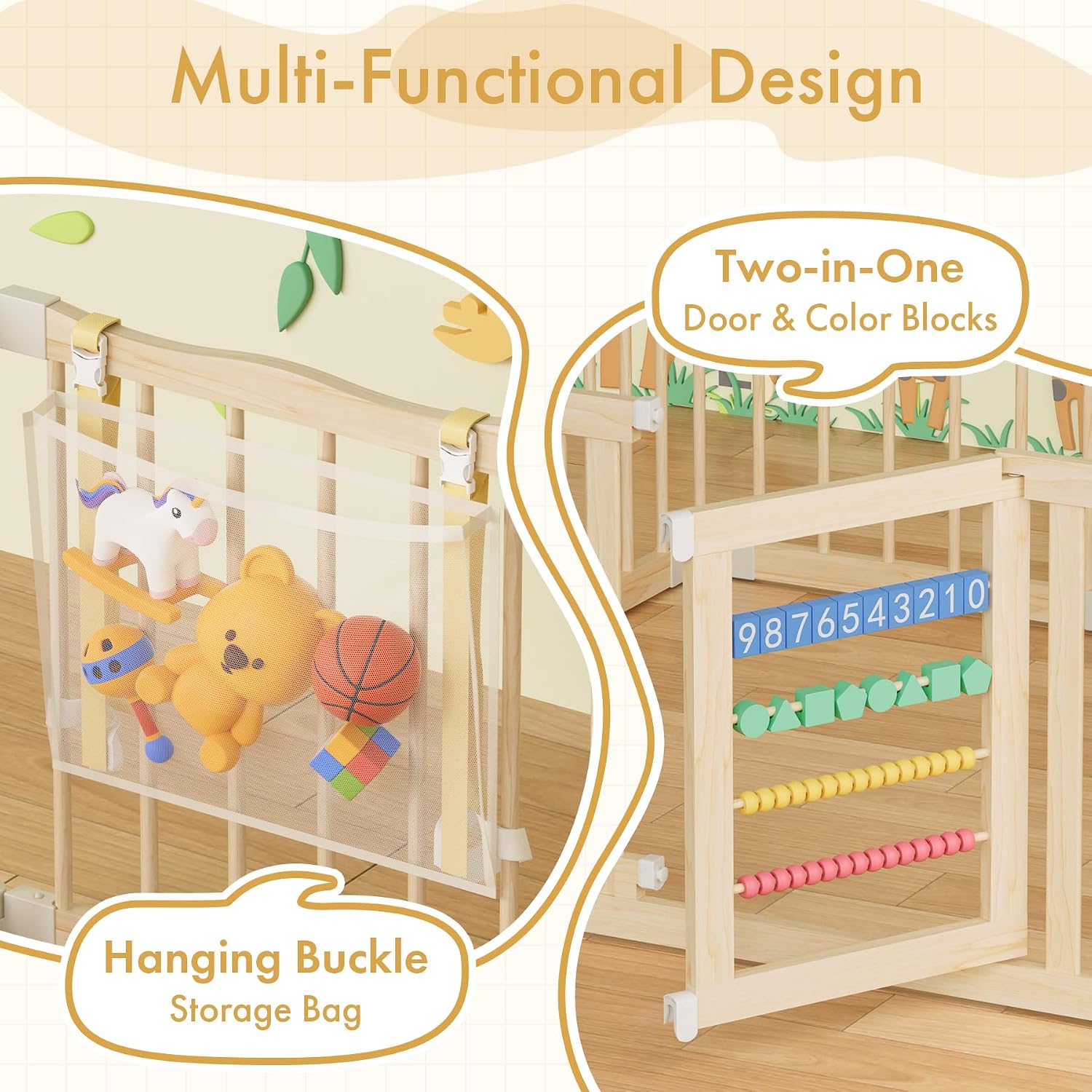 Wooden Baby Playpen 50 × 50 Inches, Foldable Playpen Fence with Cute Digital Blocks & Storage Bag, Wooden Baby Gate, Multi-Shape Play Yard for Babies and Toddlers Indoor Outdoor