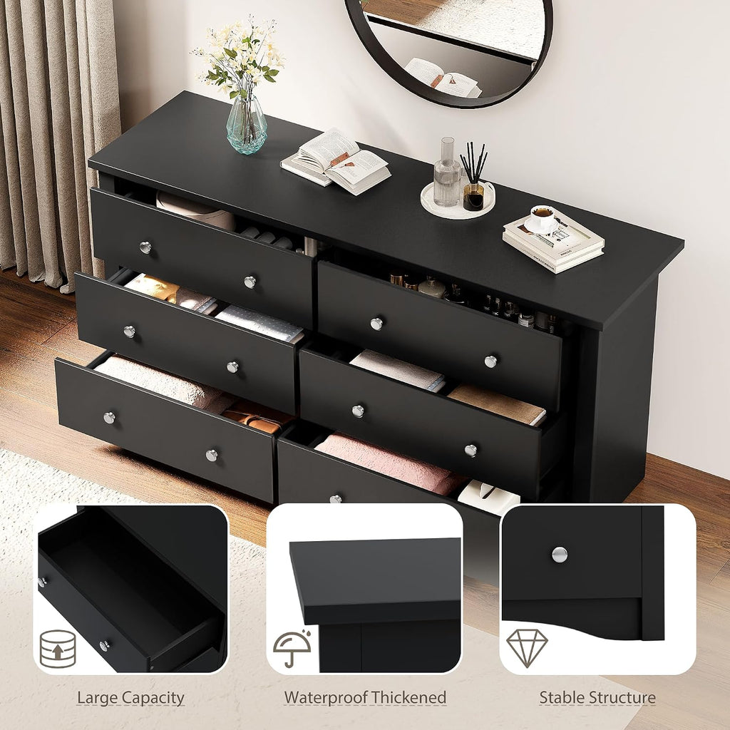 YESHOMY 58'' Dresser for Bedroom, 6 Drawer Dressers, Wood Storage Organizers Units, Hallway,Office(Black)