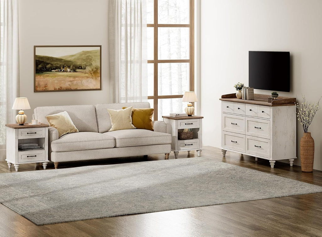 WAMPAT 3 Piece Bedroom Set - Includes 6 Drawer Dresser, Set of 2 Farmhouse Nightstands with Charging Station & Drawers & Cubby, 3 Piece Dresser and Nightstand Sets, Antique White