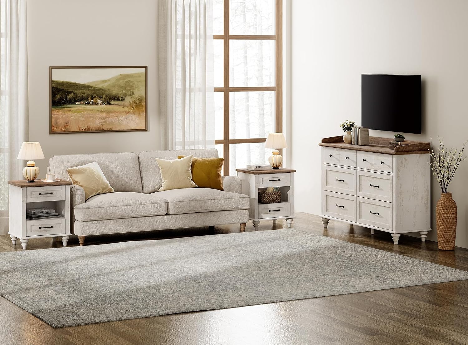 WAMPAT 3 Piece Bedroom Set - Includes 6 Drawer Dresser, Set of 2 Farmhouse Nightstands with Charging Station & Drawers & Cubby, 3 Piece Dresser and Nightstand Sets, Antique White