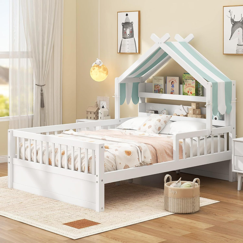 Merax Twin Size House Bed with Storage Headboard Shelf & Removable Canopy, Wooden Platform Bed Frame with Guardrail for Boys Girls Teens Bedroom Use, No Box Spring Needed, White