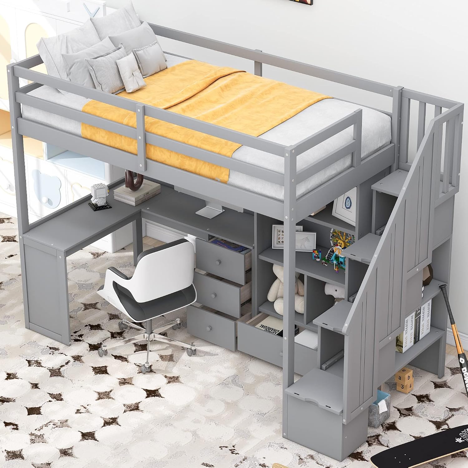 Twin Size Loft Bed with L-Shaped Desk and Drawers,Multifunctional Wooden Bed Frame,W/Cabinet and Storage Staircase, No Box Spring Requiredfor Kids Boys Girls Teens,Gray