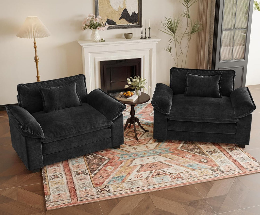 HUSFU Oversized Accent Chair, Chenille Cloud Sofa Chair with Deep Seat and Extra Wide Armrests, Comfy Reading Armchair for Living Room, Bedroom, Black, Set of 2
