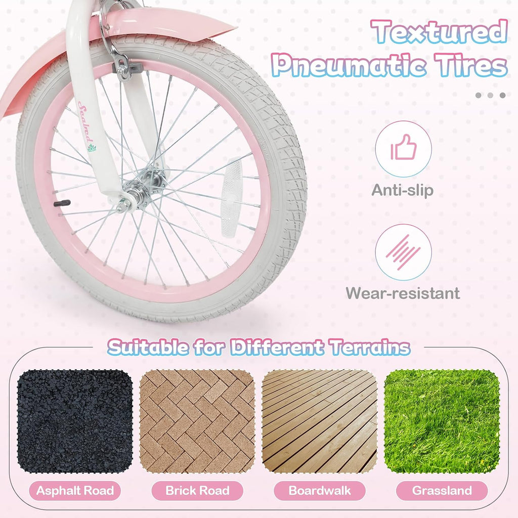 HONEY JOY Kids Bike, 12 14 16 18 Inch Girls Bike w/Training Wheels, Streamers, Basket, Handbrake & Coaster Brake, Fully Enclosed Chain, Mermaid Princess Children Bike for 3-8 Years Old