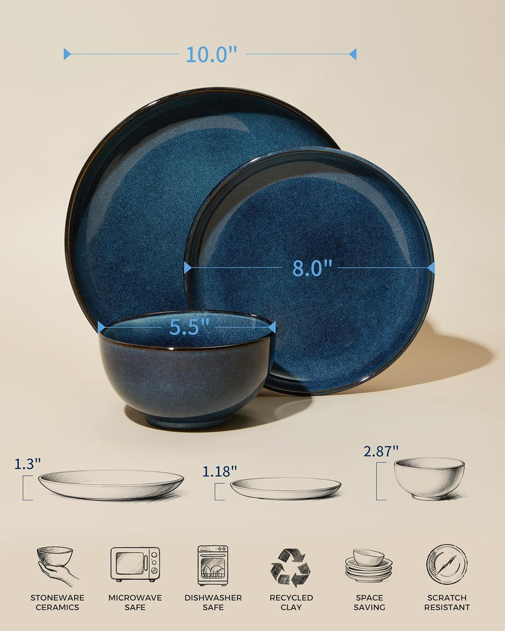 Pokini Stoneware Dinnerware Sets for 6, 18 Pieces Ceramic Plates and Bowls Sets, Chip and Scratch Resistant Dish Set, Dishwasher & Microwave Safe Plate Set, Starry Blue