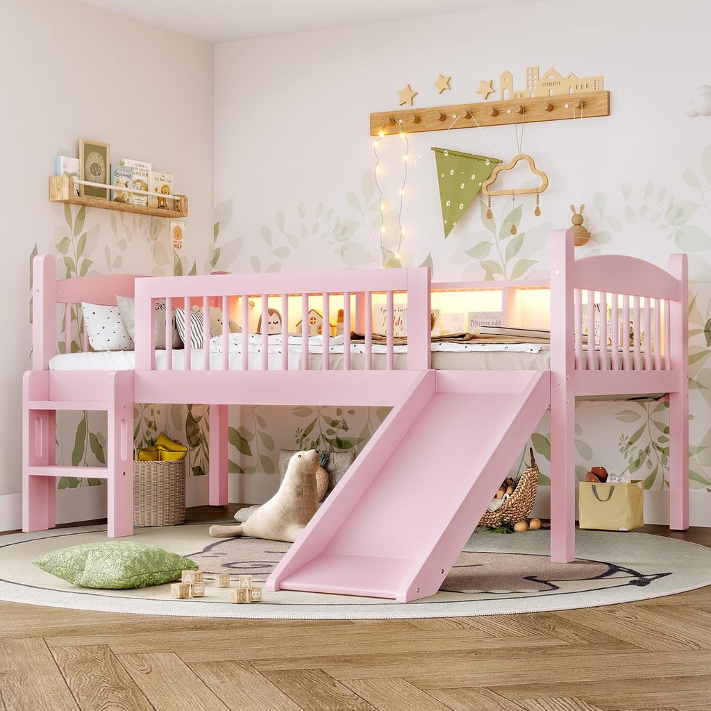 JIVOIT Twin XL Loft Bed with Storage Shelves, Solid Wood Lower Loft Bed with Full-Length Guardrails, Wood Slats Support, Space-Saving Design, No Box Spring Needed (Pink,Twin XL,51)
