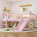 JIVOIT Twin XL Loft Bed with Storage Shelves, Solid Wood Lower Loft Bed with Full-Length Guardrails, Wood Slats Support, Space-Saving Design, No Box Spring Needed (Pink,Twin XL,51)