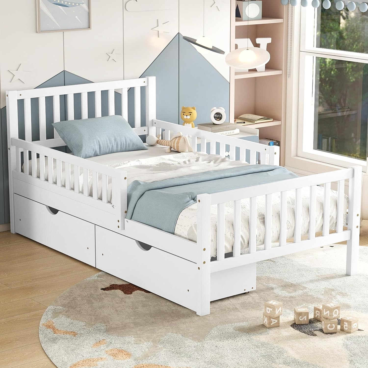 Kids Twin Size Bed Frame with Storage Drawers, Wood Twin Bed Frames for Kids, Twin Bed Frame with Headboard and Footboard for Boys Girls, No Box Spring Needed,White