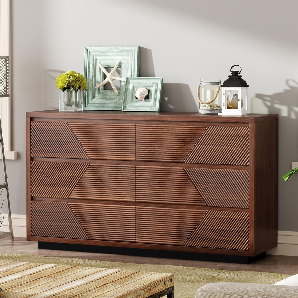 Ieejdn 55.12' Modern Chest of Drawer, 6 Deep Drawers,Clothes Organizer,Large Storage Cabinet for Living Room, Bedroom,Dresser TV Stand, Wood Drawer Organizer for Living Room, Hallway, Umber