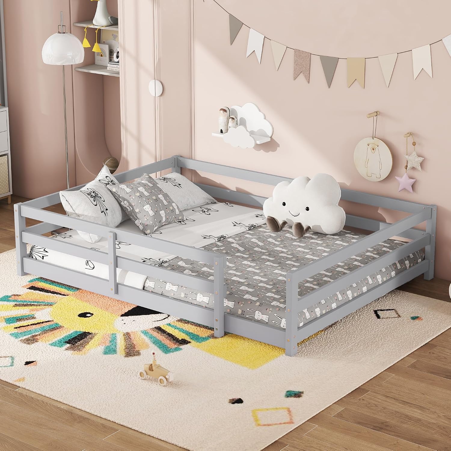 Modern Classic Full Size Bed Frame with Fence, Sturdy Wood Montessori Floor Bed for s, Boys, Girls, Dorm, Bedroom, House, Easy to Assemble, Noise-Free Design, No Box Spring Needed,Grey-Ful